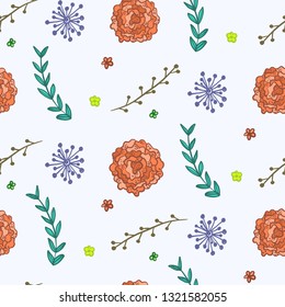 Cute summer floral seamless pattern with orange doodle flowers, leaves and branches on white background. Bright hand drawn botanical texture for textile, wrapping paper, surface, wallpaper
