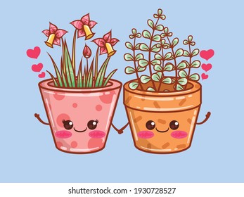 cute summer flower pot cartoon characters and illustrations. couple concept.