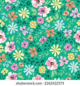 cute summer flower print with little leopard spots - seamless background