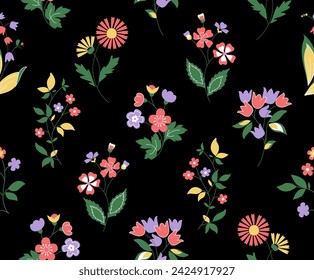 Cute summer flowers on black background. Seamless vector pattern. Vintage print with inflorescences. Retro textile 