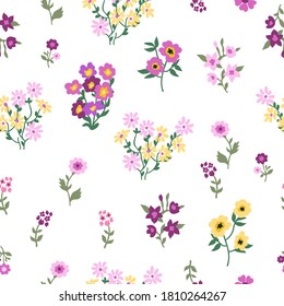 Cute summer flowers on white background. Seamless vector pattern. Vintage print with  inflorescences. Retro textile collection.