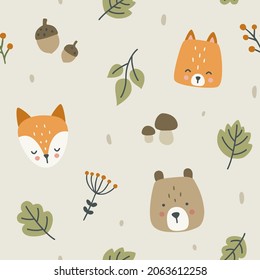 Cute summer forest animals head scandinavian pattern. Seamless texture for textile, fabric, apparel, wrapping, paper, stationery, nursery.