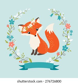 Cute summer fox,  flower wreath and ribbon.