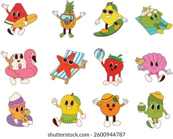 Cute Summer Fruit and Beach-Themed Character Illustrations – Vector Cartoon Set