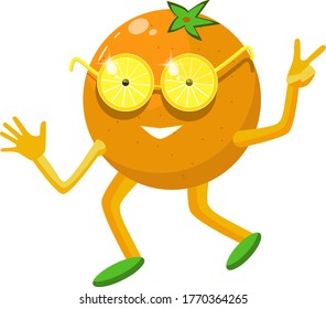 Cute summer fruit character, cool orange in sunglasses. Colourful bright design. Vector illustration in flat style. Logo for banana drink
