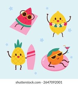 Cute summer fruit character set illustration