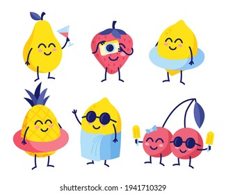 Cute summer fruit sticker character set