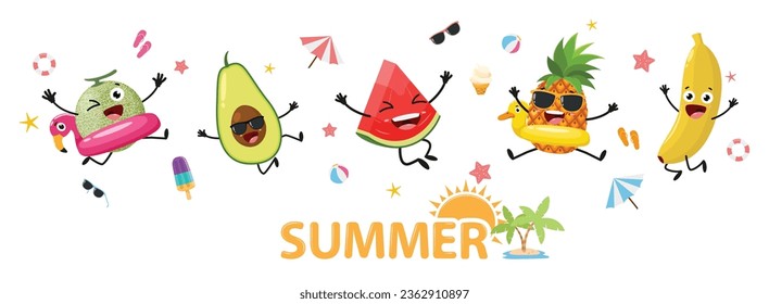 Cute summer fruits cartoon characters banner, watermelon, pineapple, banana, avocado and cantaloupe 