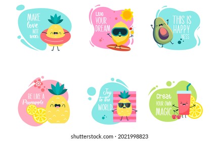 Cute Summer Fruits Character Cartoon With Motivational Text Illustration