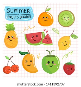 Cute summer fruits doodle collection cartoon set