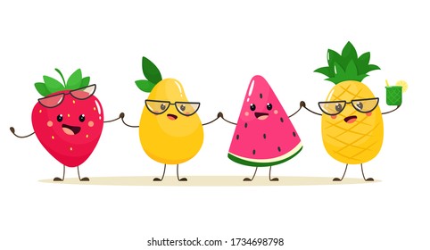 Cute summer fruits mango, pineapple, watermelon and strawberries. Vector illustration in cartoon flat style.