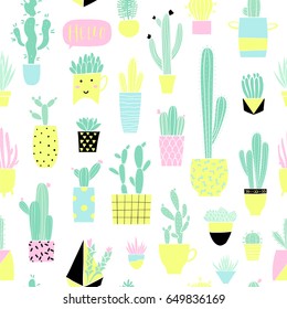 Cute summer gardening theme cactus seamless pattern. Pretty and bright colored house plants tile. Big hand drawn set of different cactus and succulents background Vector illustration