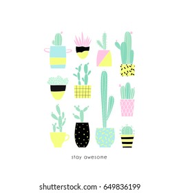 Cute summer gardening theme cactus collection. Pretty and bright colored house plants. Big hand drawn set of different cactus and succulents Vector illustration