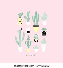Cute summer gardening theme cactus collection. Pretty and bright colored house plants. Big hand drawn set of different cactus and succulents Vector illustration