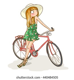 Cute summer girl with bicycle at the walk.  Vector illustration.