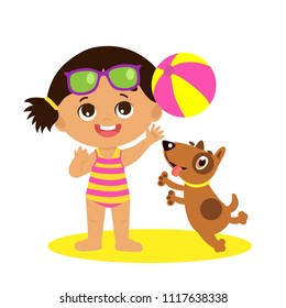 Cute Summer Girl Cartoon Vector. Summer Time Vector Illustration. Girl Playing Balll With A Dog On White Background. Kids Vacation Theme. Baby On The Beach Vector.