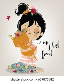 cute summer girl with cat