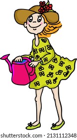 Cute summer girl with light green short dress, summer hat and a red watering can.
