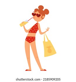 Cute summer  girl in red swimsuit and eyeglasses in cartoon style with a cocktail and bag isolated on white background
