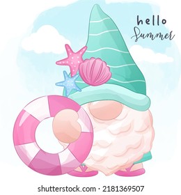 Cute Summer Gnome Illustration In Watercolor