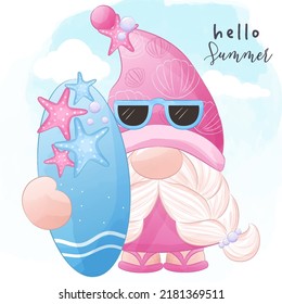 Cute Summer Gnome Illustration in watercolor