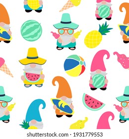Cute Summer Gnome, Vector Seamless Pattern Illustration.