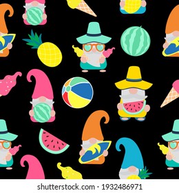 Cute Summer Gnome, Vector Seamless Pattern Illustration.