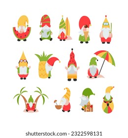 Cute Summer Gnomes. Hallo Summer Beach Party mit scharfen Gnomen einzeln auf Weiß. Surfen Gnome-Charakter, Cartoon-Illustration.