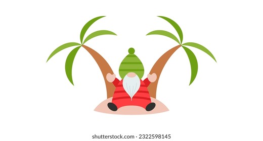Cute Summer Gnomes. Hello Summer Beach Party With Cute Gnomes Isolated On White. Surfing Gnome Character, Cartoon Illustration.