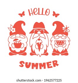 Cute summer gnomes silhouette. Funny vector illustration with quote: Hello summer. Scandinavian gnomes with panama hat, ice cream, watermelon and cocktail. Beach design.