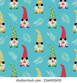 Cute Summer gnomes with sunglasses holding fruits and palm tropical  leaves seamless pattern. For summer posters, textile and home décor 