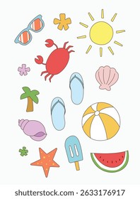 Lindos gráficos de verão elemento vetor ilustração colorida. Rabiscar desenhado à mão de objetos de verão em estilo plano. Bola, sol, melancia, moluscos, etc para ativo, elemento gráfico, cartaz, design, banner