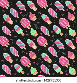 Cute summer hand drawn Seamless pattern with ice cream with popsicles on a black background with hearts. It can be used for packaging, wrapping paper, textile and etc