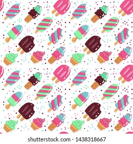 Cute summer hand drawn Seamless pattern with ice cream with popsicles on a white background with hearts. It can be used for packaging, wrapping paper, textile and etc
