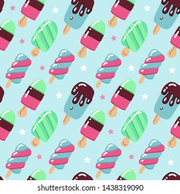 Cute summer hand drawn Seamless pattern with ice cream with popsicles on a blue background with stars. It can be used for packaging, wrapping paper, child textile.