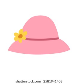 Cute summer hat in cartoon style isolated on white background.  Hand drawn pink female hat with a flower. Vector illustration