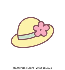 Cute summer hat icon. Hand drawn illustration of a woman's beach headgear decorated with a green ribbon and a flower isolated on a white background. Kawaii sticker. Vector 10 EPS.