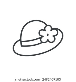 Cute summer hat icon. Hand drawn monochrome illustration of a woman's beach headgear decorated with a ribbon and a flower isolated on a white background. Kawaii sticker. Vector 10 EPS.