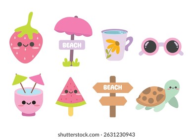 Nette Sommerferien Elemente gesetzt. Hallo Sommer. Geeignet für ClipArt, Aufkleber, flache Designgrafik usw.