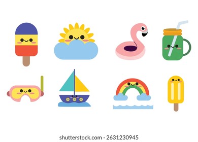 Cute summer holiday elements set. Hello summer. Suitable for clip art, stickers, flat design illustration, etc