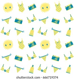 Cute summer and holiday seamless pattern with sun, camera and swimsuits