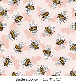 Cute Summer Honey Bees Insect Vector Seamless Pattern