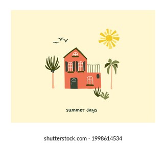 Cute summer house on beach with palm trees and sun. Cozy hygge scandinavian style template for postcard, greeting card, t shirt design. Vector illustration in flat hand drawn cartoon style