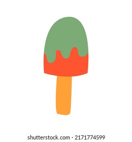Cute summer ice cream on wooden stick. Red and green frozen ice cream. Vector illustration on isolated background.