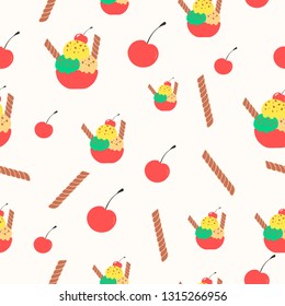 Cute summer ice cream seamless pattern with sugar tube and cherry. Beach party vector background.