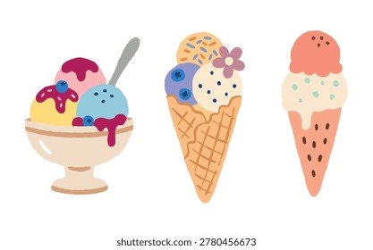 Cute summer icecream set. Sweet dessert vector collection. Kids food illustration