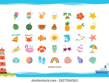 Cute Summer Icon Set – Beach, Food, Tropical Fruits and Sea Creatures in Hand-Drawn Style