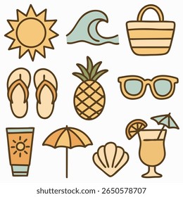 Cute summer icon set in cartoon style featuring a sun, wave, beach bag, flip flops, pineapple, sunglasses, sunscreen, beach umbrella, seashell, and tropical cocktail. Pastel colors, outlined design, b