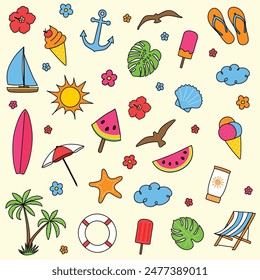 Cute summer icon set. Hand drawn elements. Vector illustration