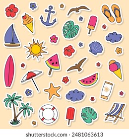 Cute summer icon set. Hand drawn stickers. Vector illustration